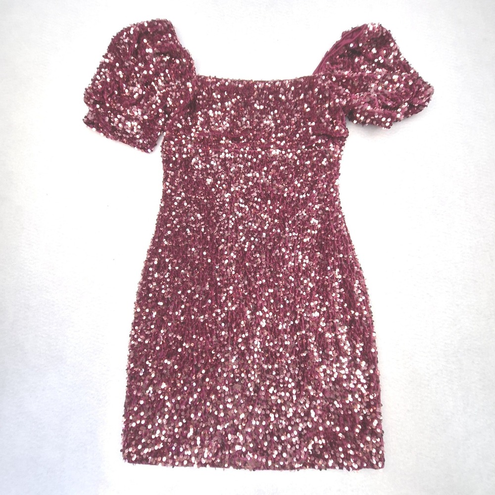 Altar'd State Mini Dress Womens Med Burgundy Velour Sequin Stretch Puff Sleeve